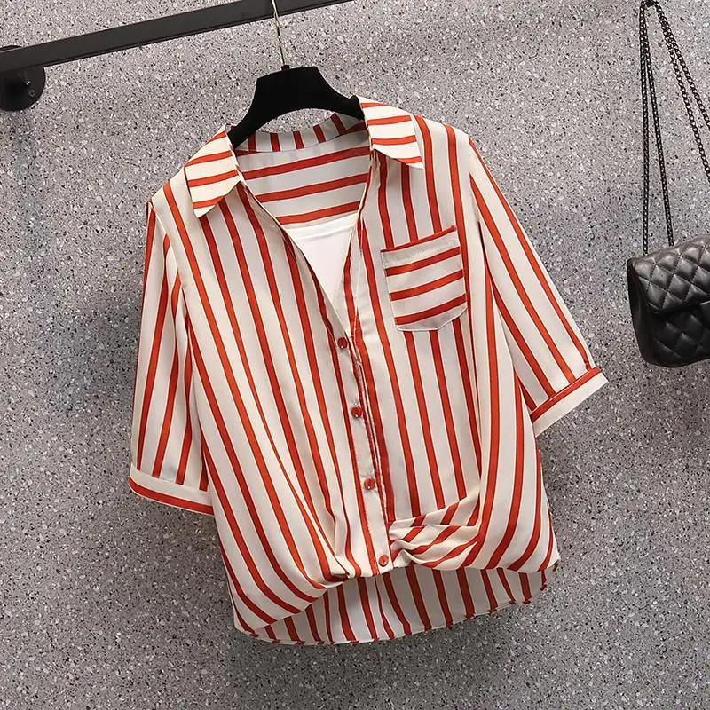 Fashion Printed Spliced Pockets Folds Striped Blouse Women's Clothing 2023 Summer New Oversized Casual Pullovers Commuter Shirt