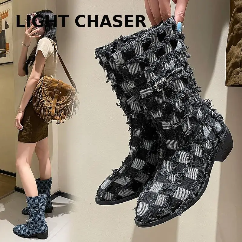 Womans Luxury Brand New Ladies Cowboy Boots Thick High Heels Women's Boots Party Sexy Block Heel Shoes Woman Platform Shoes