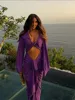 Purple Hollow Out Slim Maxi Dress Women Elegant Deep V Neck Cross Pleated Full Sleeve Long Dresses 2024 Fashion Lady Party Robes 2