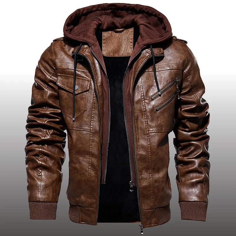 

Winter Thick Warm Motorcycle PU Leather Jacket Men Vintage Hooded Club Bomber Outwear Coats Chaqueta Casual Faux Jackets
