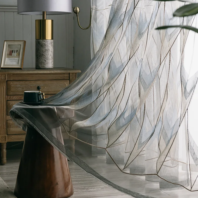 

Embroidered Tulle with Modern Minimalist Geometric Patterns Gray Embroidered Translucent and Elegant Floor To Ceiling Curtain