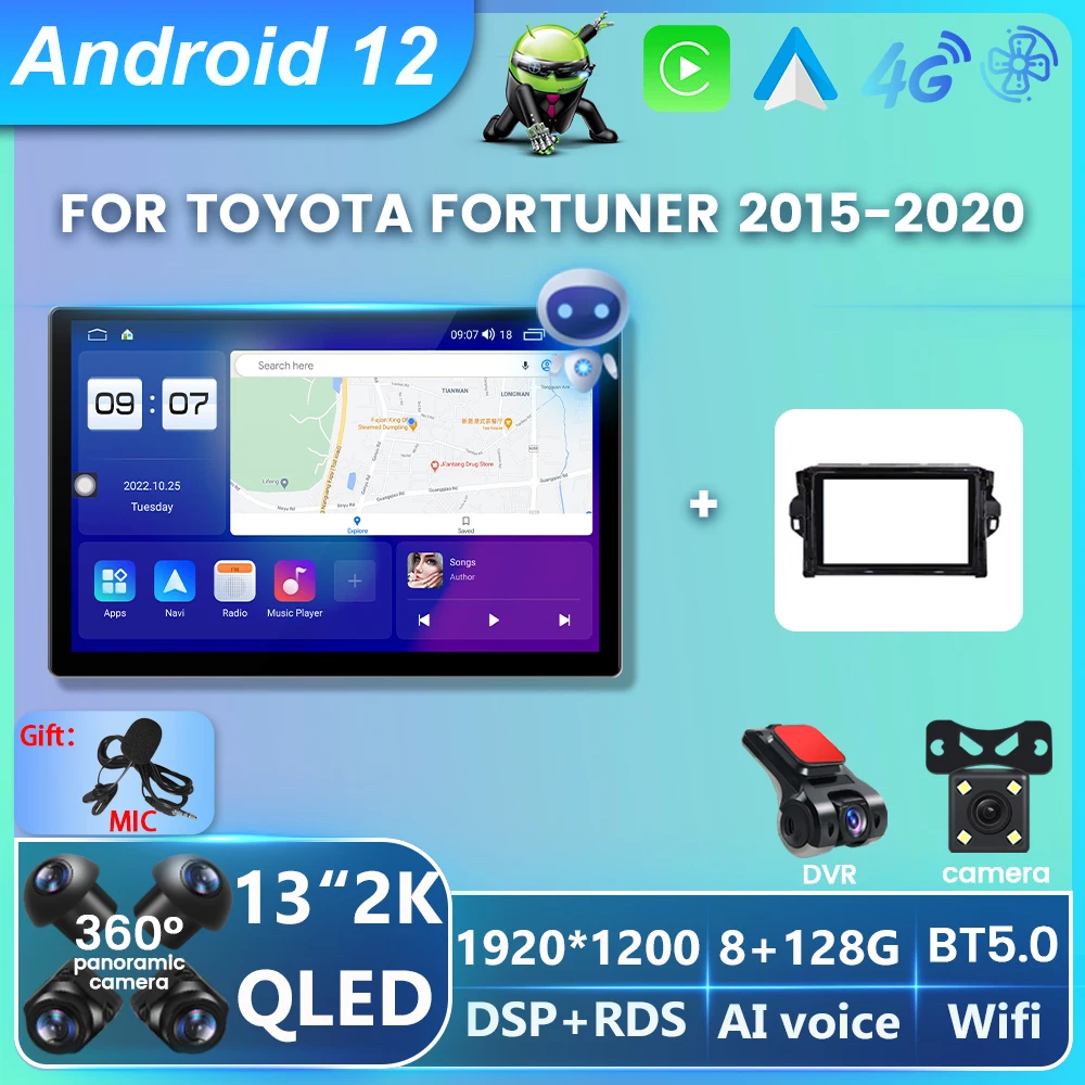 

Автомобильный мультимедийный плеер QLED, магнитола на Android 12, с экраном 13 дюймов, с GPS, для Toyota Fortuner 2015, 2016-2020, типоразмер 2DIN