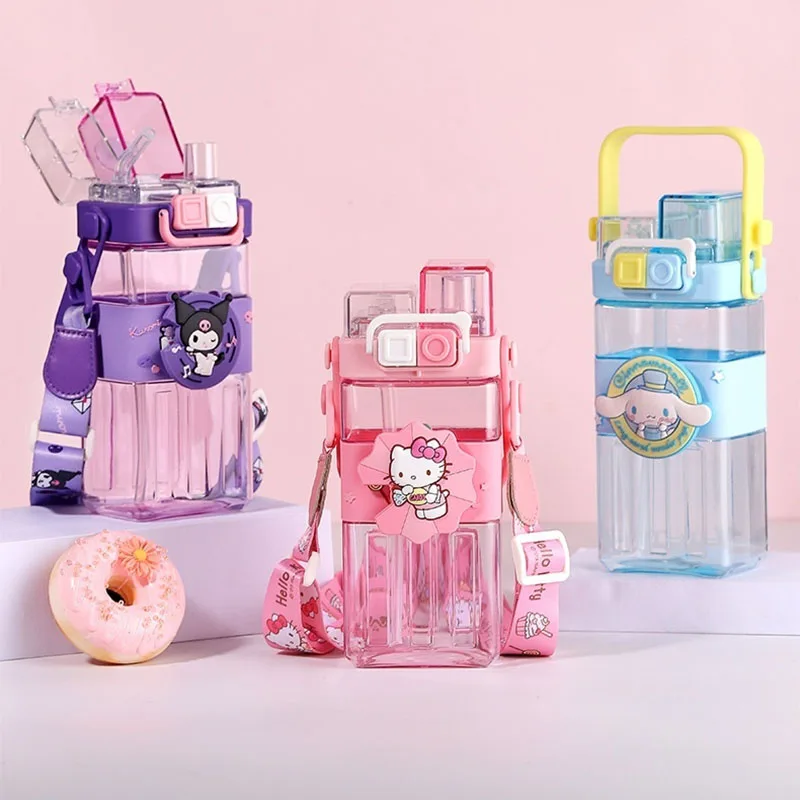 

Hello Kitty Water Bottle Home Stitch Square Summer Plastic Cup Children's Camping Essential Drinking Tools Girl Gift Cup