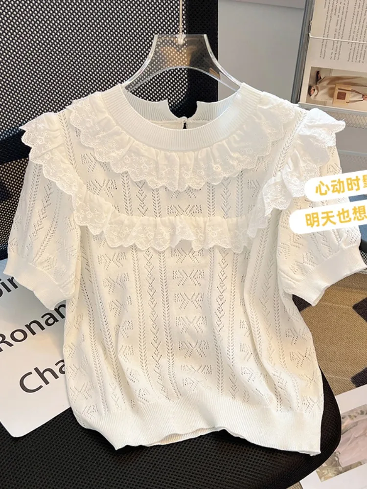 

2024 Summer Short Sleeve Chiffon Women Cotton Solid O Neck High Waist Crop Top Lace Female Casual Loose Blouse S35