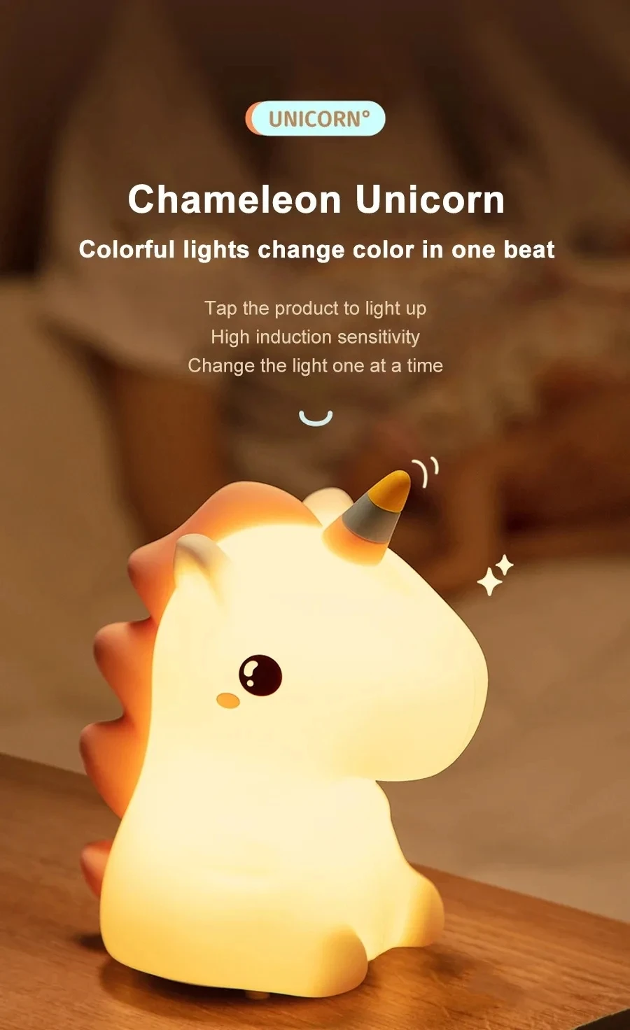 Unicorn Cute Silicone Led Night Light For Kids Children Usb Rechargeable Lamp