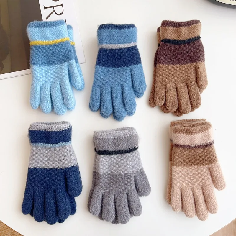 New Fashionable Kids Gloves Baby Clash of Color Knitted Warm Gloves Autumn and Winter Kids Cold Thickened Outdoor Riding Mittens