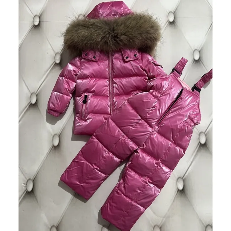 Зимний Комбинезон Дети Baby Down Jacket Set New Winter Boys And Girls Thickened Oversized Raccoon Fur Children's Ski Suit