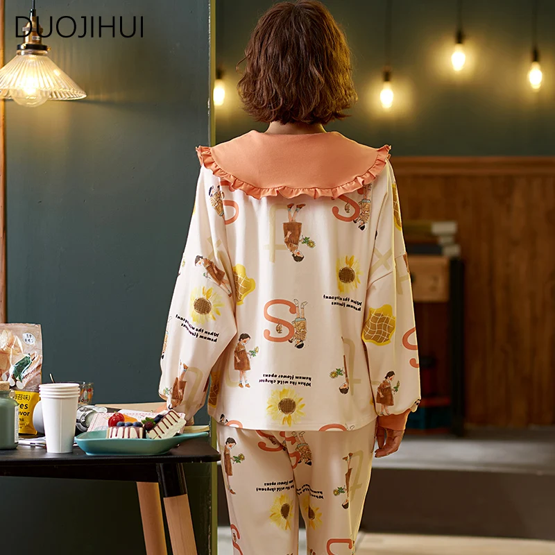 DUOJIHUI Two Piece Chicly Sweet Printing Loose Female Sleepwear Basic Button Cardigan Fashion Pant Casual Home Pajamas for Women
