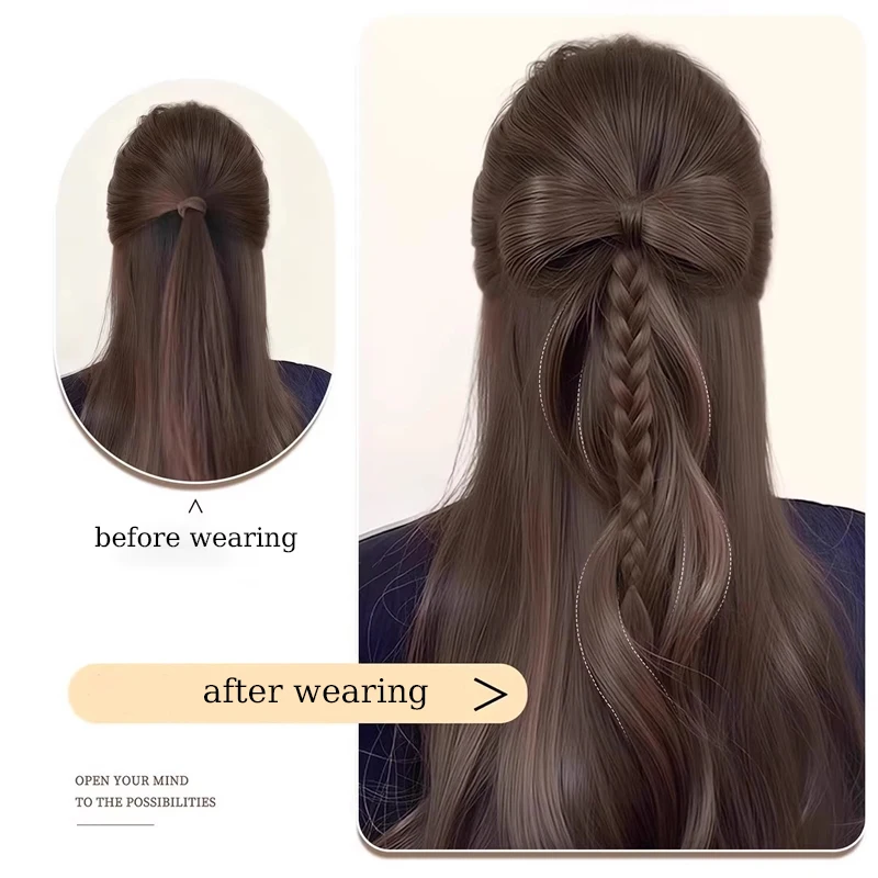Synthetic Hair Ponytail Wig Hairpiece Bow-shaped Ponytail with Hair Clips Half-up Ponytail with Wavy Hair for Women Daily Use
