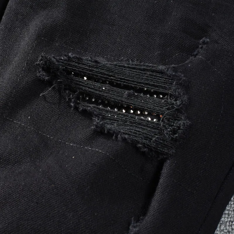 High Street Fashion New Jeans Elastic Slim Fit with Hole Patch Jeans Hip Hop Brand Designer Black Pants hombre