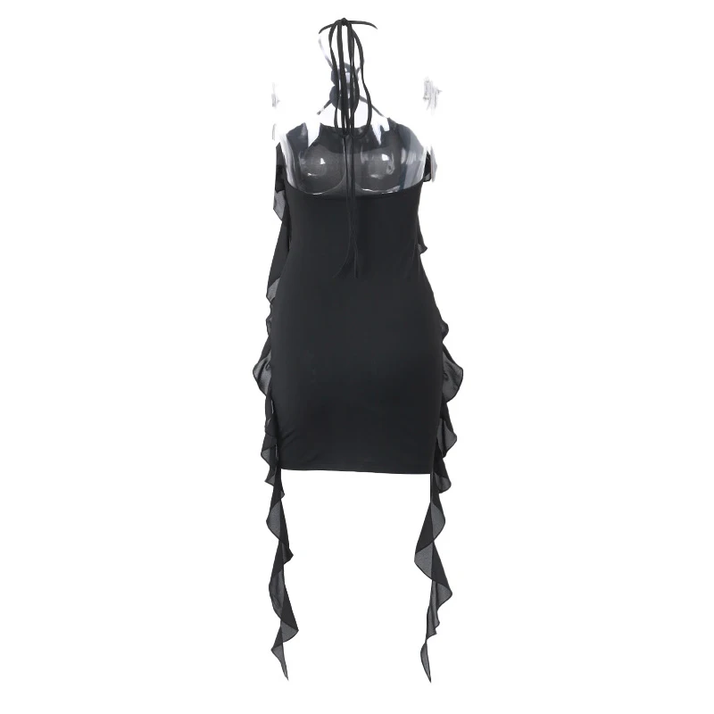 Summer Dress Women y2k Clothes Solid Color Sleeveless Backless Ruffled Tassel Mini Dress with 3D Flower Party Dresses