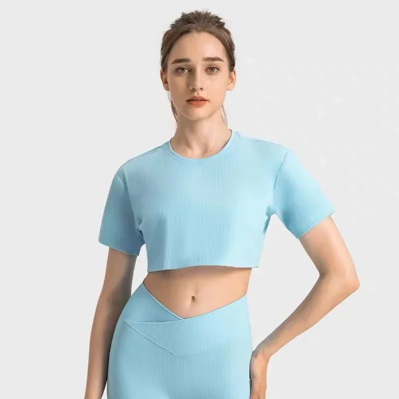 

LuluLogo Women Yoga Sport Shirts Ribbed Fabric Outdoor Jogging T-Shirts Sportswear Gym Clothing Short Sleeve Top Women Clothing