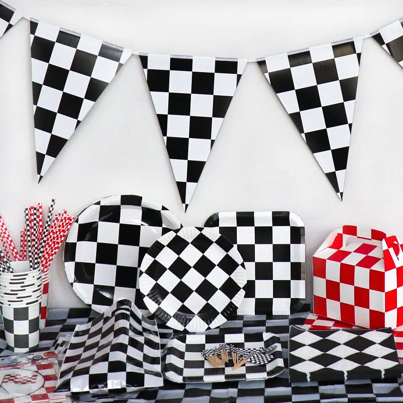 Race Party Theme Party Supplies Black And White Plaid Birthday Disposable Paper Cups Paper Plates Decorations