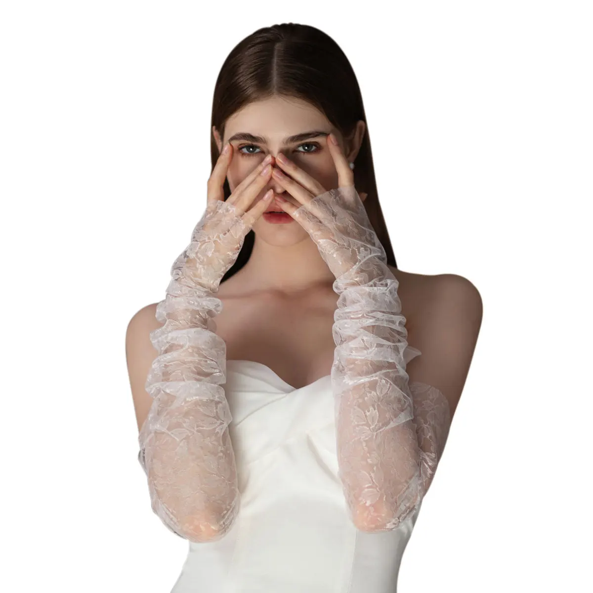 WG102 Elegant Wedding Bridal Gloves Soft Tulle Embossed-Leaves Long White Fingerless Women Pageant Perform Prom Sleevelet Gloves
