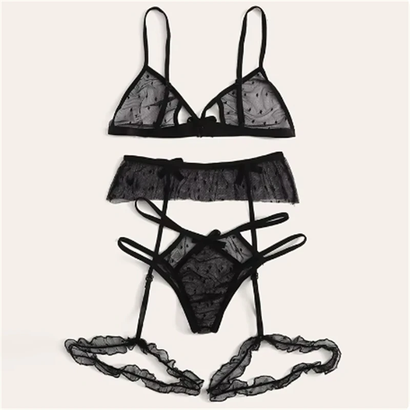 Sexy Mesh Three-point Set Bra Underwear Garter Belt Women Lingerie Sets