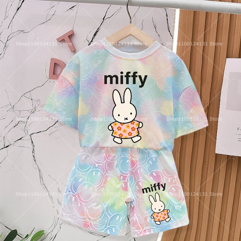 Miffy's Rabbit Summer Baby Girl Outfit - Cute Tie-Dye Smile T-Shirt & Shorts Set