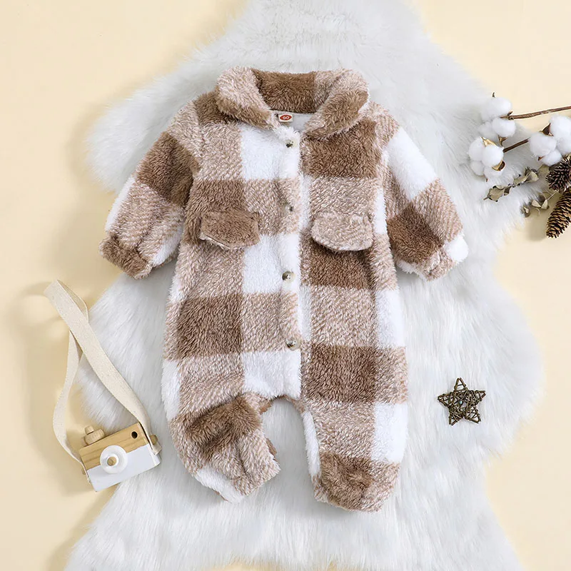 

Toddler Infant Baby Clothing Boys Girls Plush Plaid Jumpsuits For Newborn Warm Long Sleeve Button Down Lapel Rompers