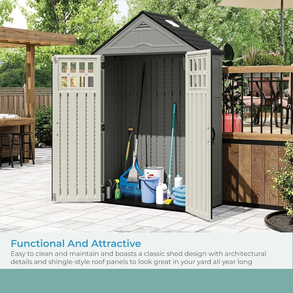 BMS6312D Everett 6' x 3' Heavy-Duty Resin Outdoor Pad-Lockable Double Doors and Windows All-Weather Shed for Yard Storage, 6