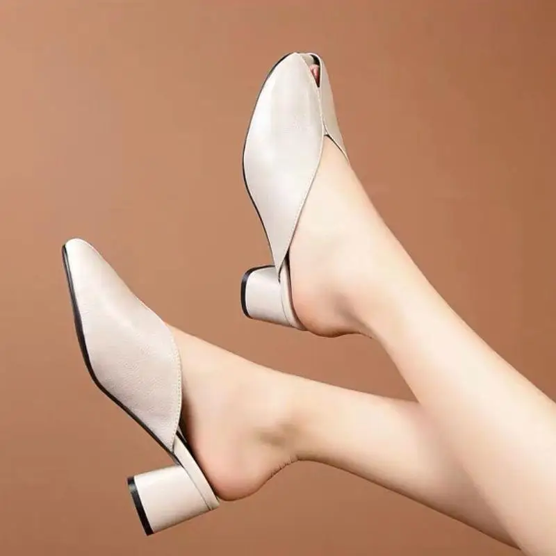 New 2023 Green Slip-on Slippers High Heeled Womens Mules Pumps Peep Toe Square Heel Autumn Casual Sandals Slipper Lady 4