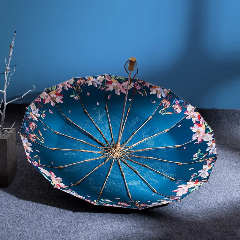 

Retro Windproof Anti-UV Three-folding Flowers Umbrella For Women 16 Ribs Wooden Handle Outdoor Color Coating Umbrellas Parasols