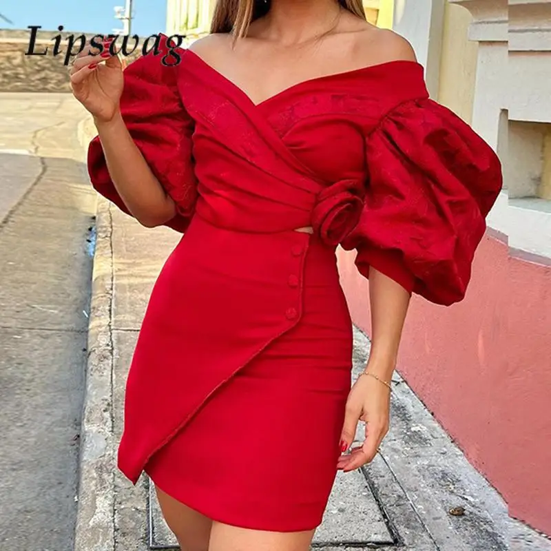 

Elegant Three-Dimensional Flower Solid Color Suit 2024 Lantern Sleeve Slim Two-Piece Sexy Off-Shoulder Top And Mini Skirt Suit