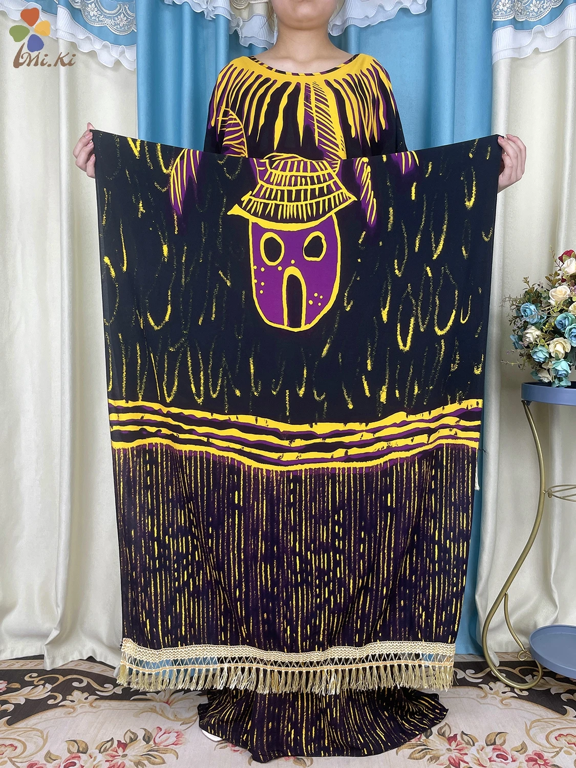 New African Women Short Sleeve Dress Cotton Loose Fit Dress Paired with Fringe Scarf Dress Dubai Dress Islamic Women Clothing