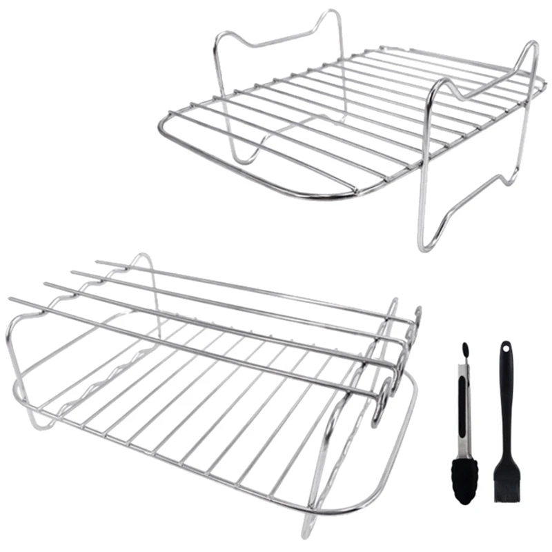Air Fryer Rack For Ninja Dual Air Fryer, 2-Piece Rack With 4 Skewers, Brush And Clips, For Double Basket Air Fryers