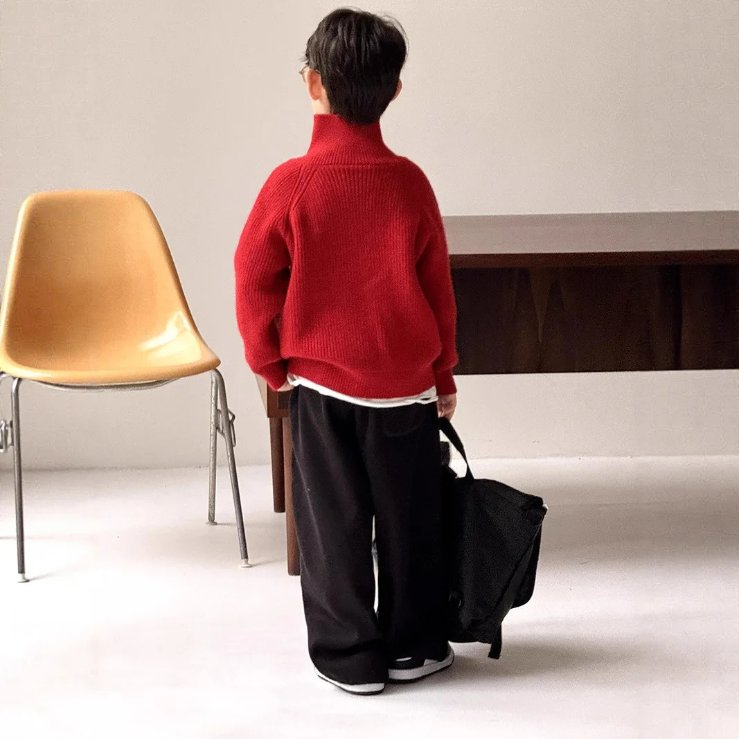 어린이 의류 남아 스웨터 코트 2025 가을 겨울 신상 한국 스타일 레드 스타일리시 니트 가디건 여아 스웨터