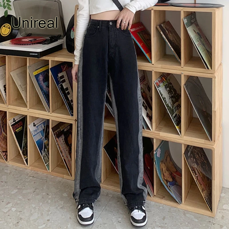

Unireal 2022 Summer Autumn Women Jeans Pant High Waist New Black Patchwork Casual Denim Pant Straight Trousers