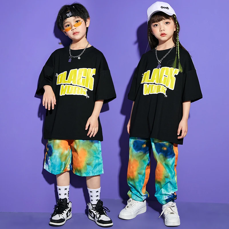 

Kids Streetwear Clothes Hip Hop Clothing Black T Shirt Tops Tie Dye Print Cargo Shorts Pants For Girl Boy Jazz Dance Costume