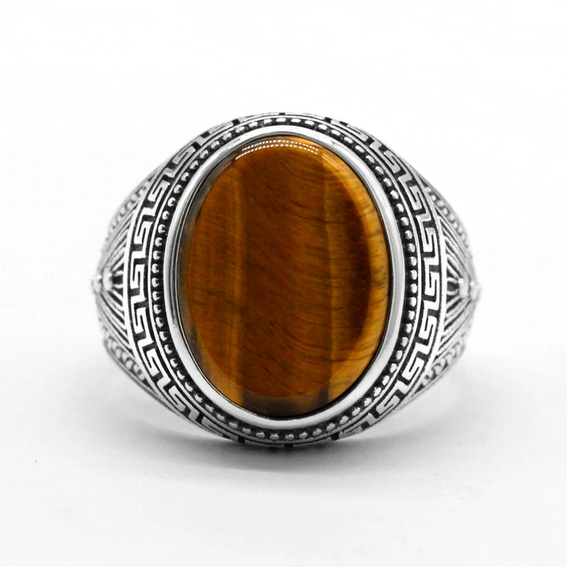 Tiger Eye Men's S925 Sterling Silver Ring Natural Gemstone Men's Ring Etniku Vintage Dehbijiet Tork għall-Irġiel u n-Nisa 2