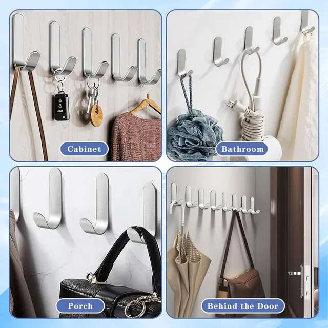 2/10 pièces crochets adhésifs métal acier inoxydable crochets muraux utilitaire J crochet porte-clés auto-adhésif crochet mural pour douche cuisine 6