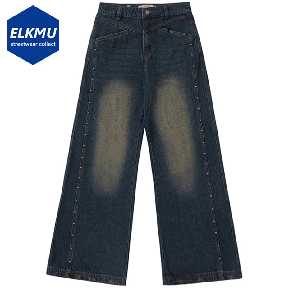 

Rivet Loose Wide Leg Jeans Men Vintage Blue Baggy Denim Pants Harajuku Streetwear Hip Hop Jeans Trousers for Male