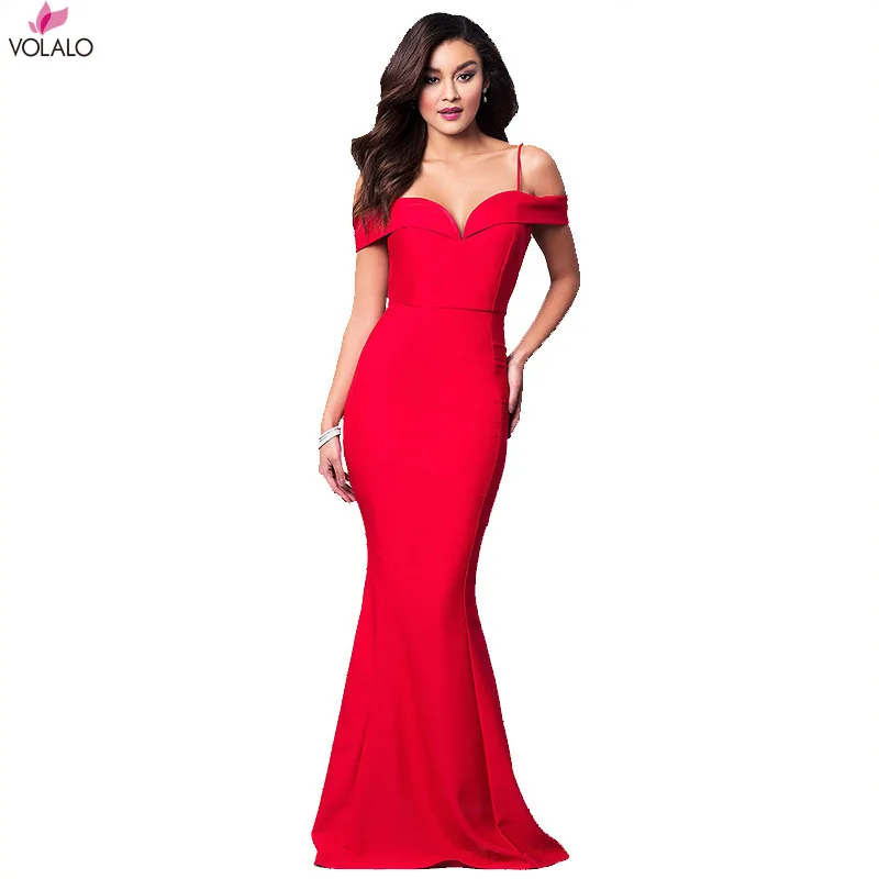 

VOLALO Women Plain Off Shoulder Ruffle Hem Maxi Bodycon Dress Party Sexy Dress Elegant Fashion Dress