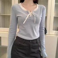 T-shirts col rond femmes nœud Simple Patchwork Design tout-match automne étudiants vêtements jeune doux Style coréen Chic décontracté mode 4