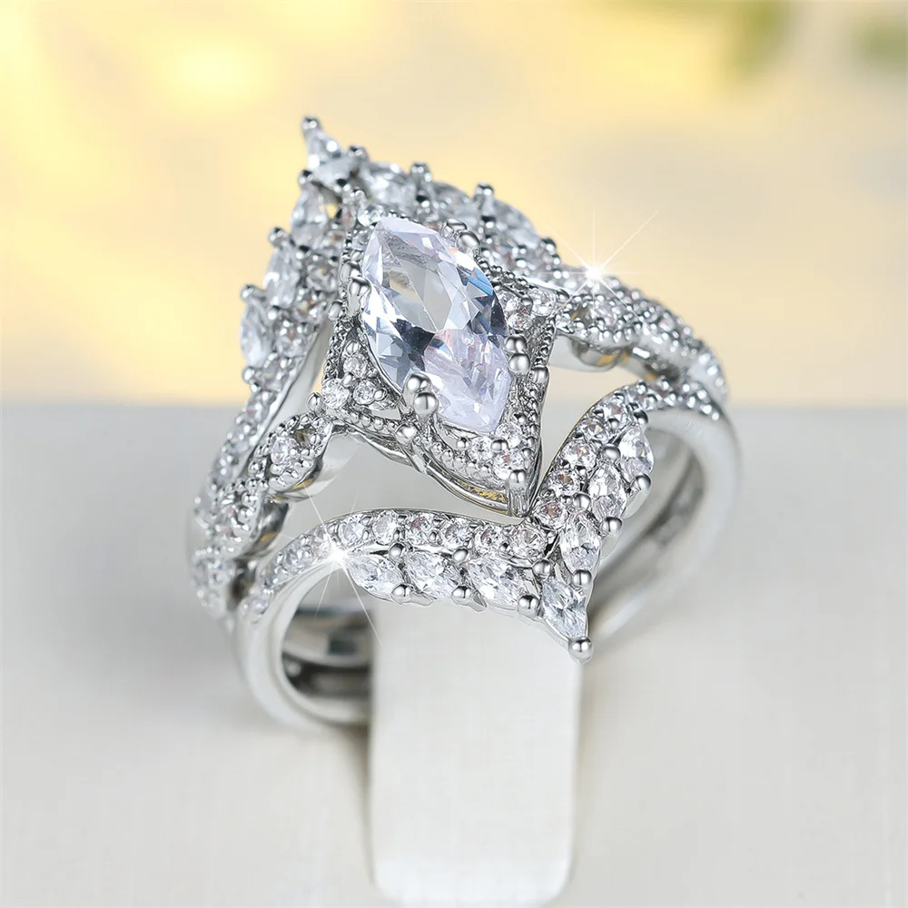 Luxury Crystal Marquise Stone Ring Sets For Women Vintage Silver Color Engagement Rings Wedding Jewelry Bridal Set Birthday Gift