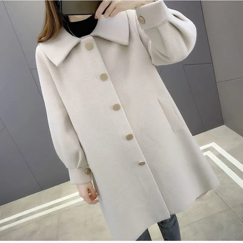 Double-Faced Woolen Coat for Women, Mid-Length Outwear, Loose, Large Size, Female Fashion, Monochromatic, Autumn Winter, 2024