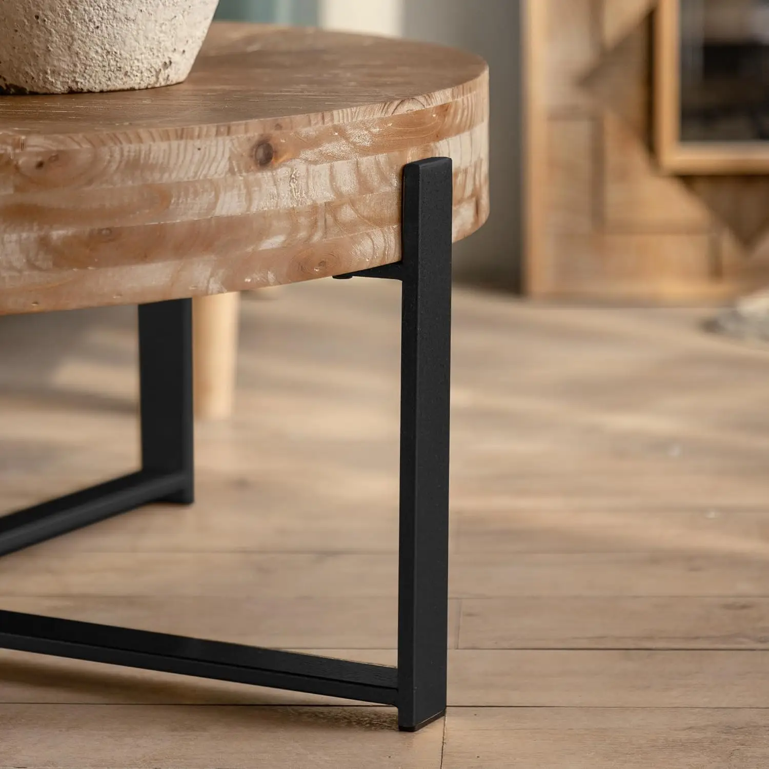 31.29" Modern Retro Splicing Round Coffee Table,Fir Wood Table Top with Black Cross Legs Base 6