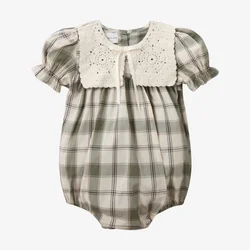 Summer Green Grid & Pink Floral Collection Family Matching 100% Cotton Clothing Set - 3y (Baby Girl Romper)