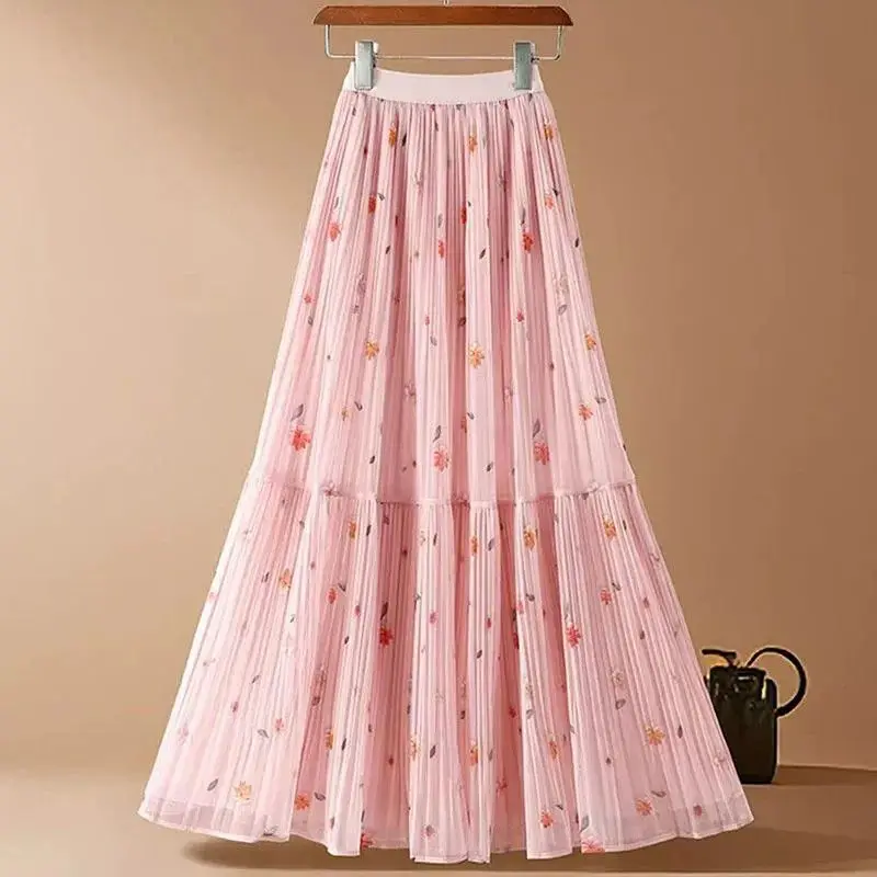Printed Mesh Skirt Women's New Summer High-waisted Slimming Pleated Gauze Skirt Female Mid-length Drape A-line Large Swing Skirt