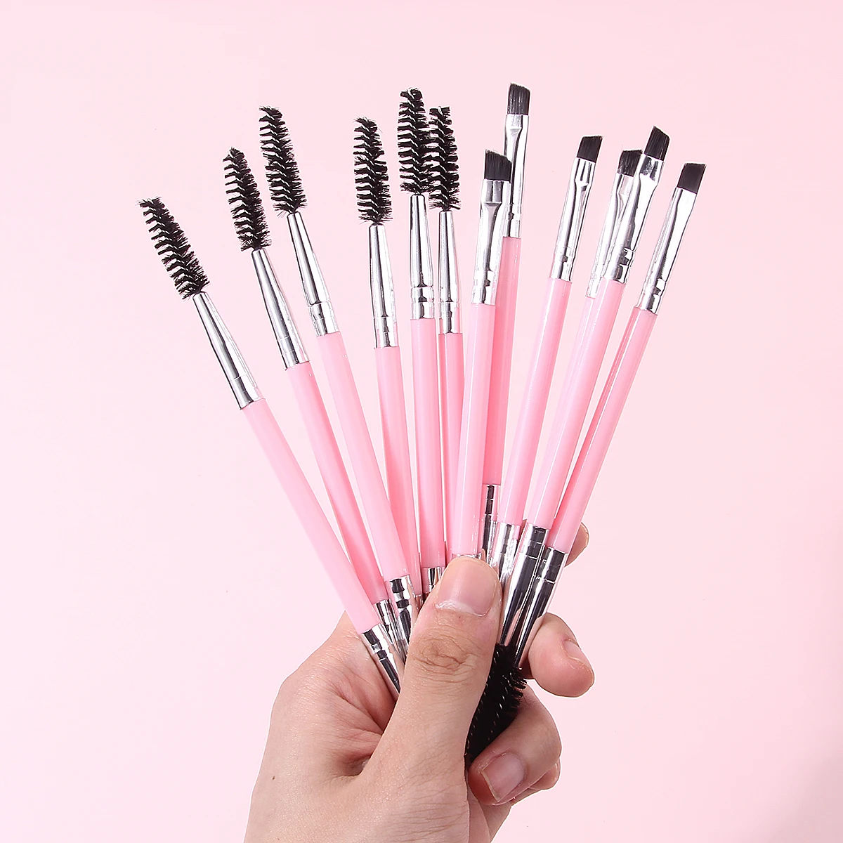 12PCS 핑크 더블 헤드 속눈썹 컬러 속눈썹 브러쉬 눈썹 브러쉬 플라스틱 손잡이 휴대용 버전 속눈썹 연장 브러쉬