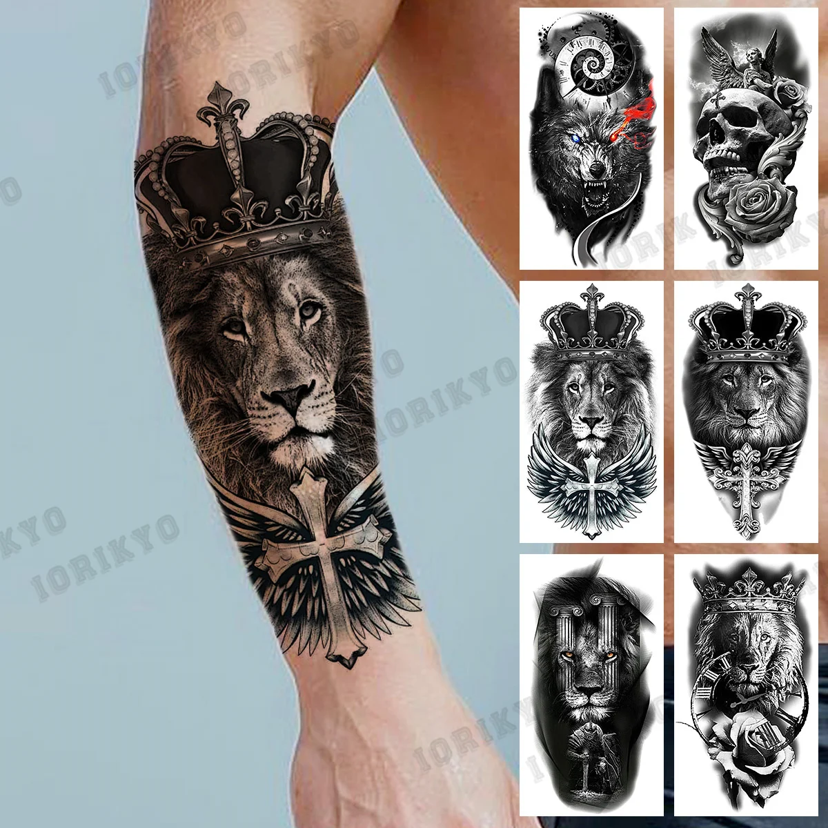 

3D Black Lion Wings Cross Crown Temporary Tattoos For Men Adult Wolf Skull Rose Flower Compass Fake Tattoofashion Forearm Tatoos