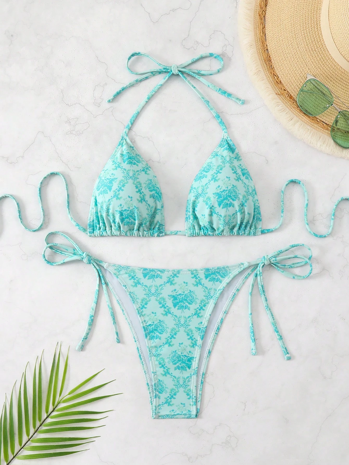 Swimsuit women's 2025 new turquoise bikini sexy small breasts three-point halterneck beach soaking hot spring