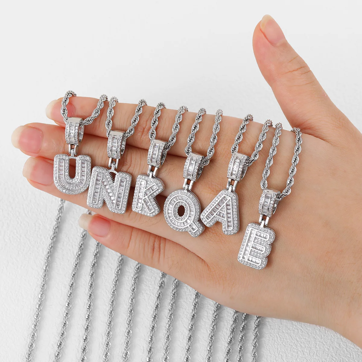 Letter Necklace Women Men Cubic Zirconia Initial Pendant Rope