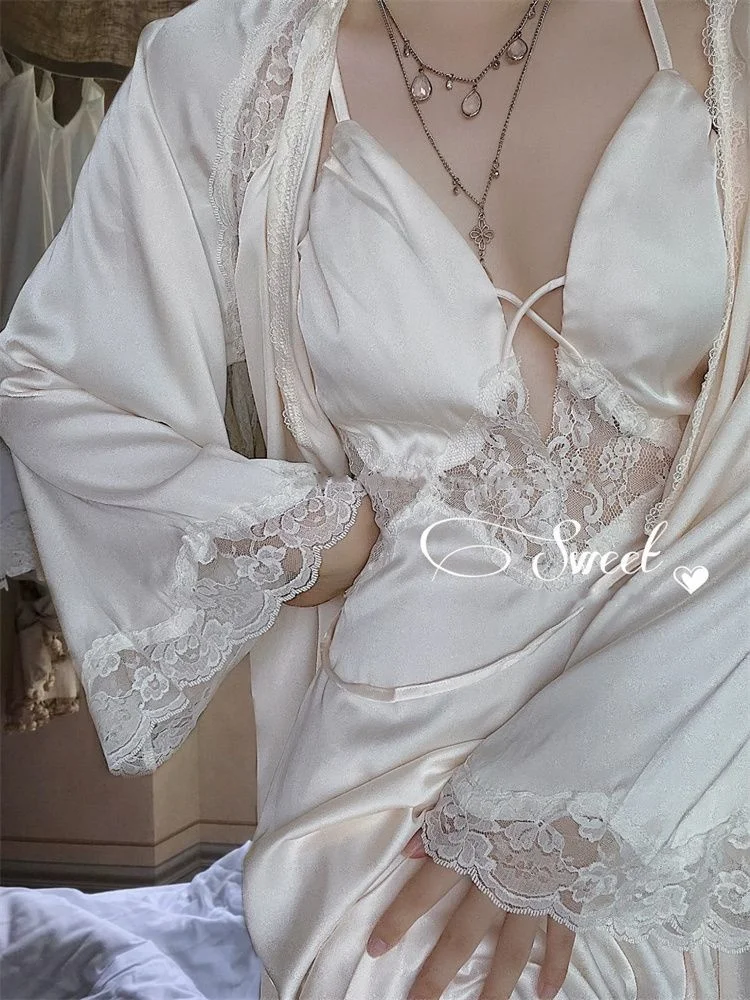 Womens Nightgowns Lace Satin Sweet Vintage Nightdress Two-Piece V-neck Nightwear Sexy Home Dressing Gown Court Style Loungewear