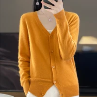 2024 New Spring and Autumn New V-neck Cashmere Cardigan Women Fashion Basic Loose Top Knitted Long Sleeve Female Cardigan 2