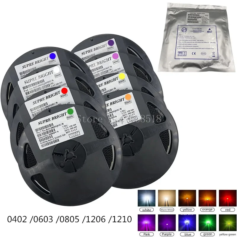 릴/로트 4000PCS 0402 0603 0805 1206 1210 3528 smd led 빨간색 노..