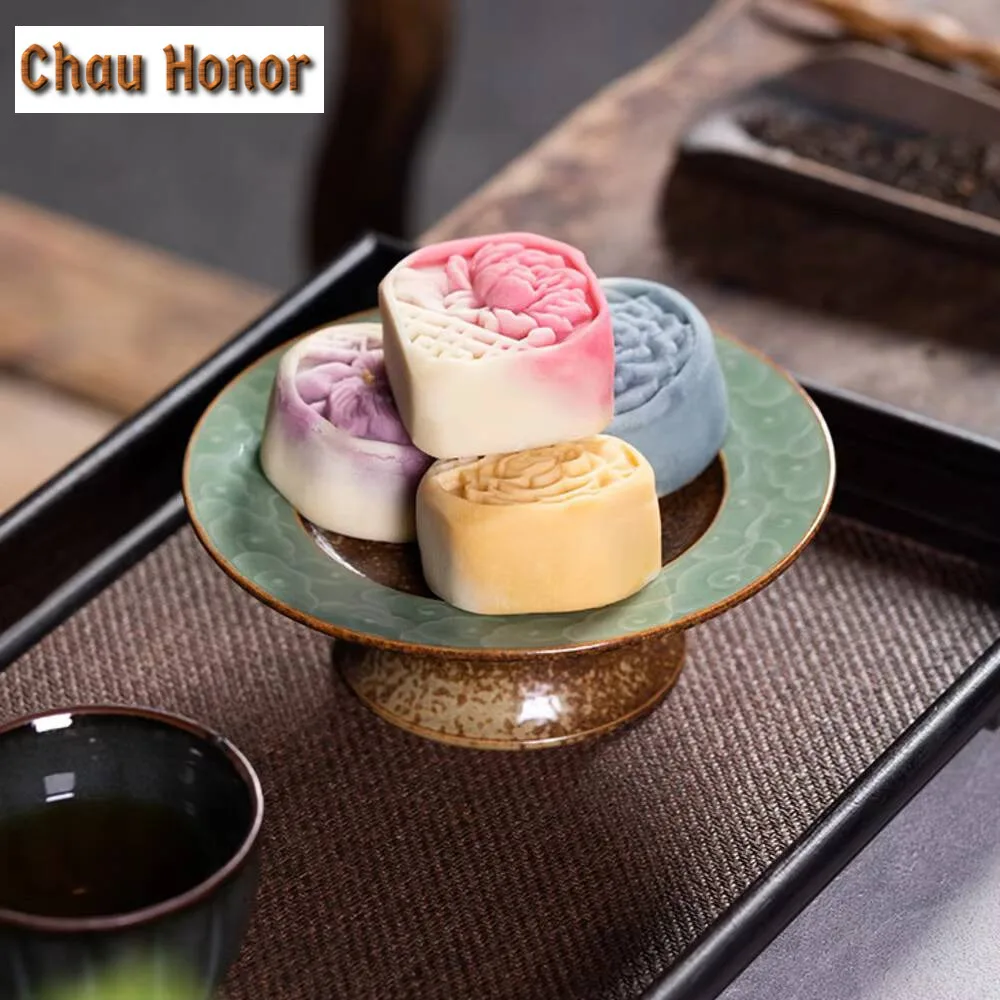 Longquan Celadon High Foot Fruit Plate Ancient Kiln Change Fruit Dishes Dessert Tray Plates for Food Serving Tray Collection