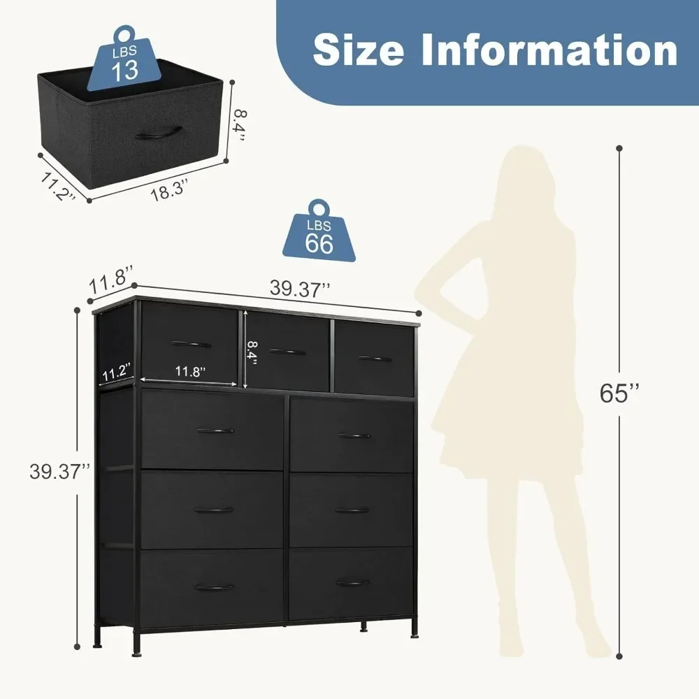 Dresser for Bedroom with 9 Drawers, Clothes Drawer Fabric Closet Organizer, Cloth Dresser with Metal Frame and Wood Tabletop 3