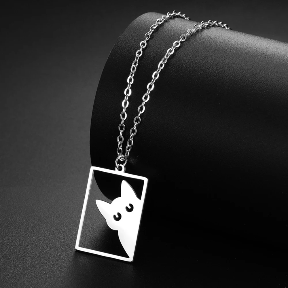 

My Shape Photo Frame Cat Pendant Necklace Women Funny Cute Kitten Animals Charms Necklaces Chain Stainless Steel Jewelry Gifts